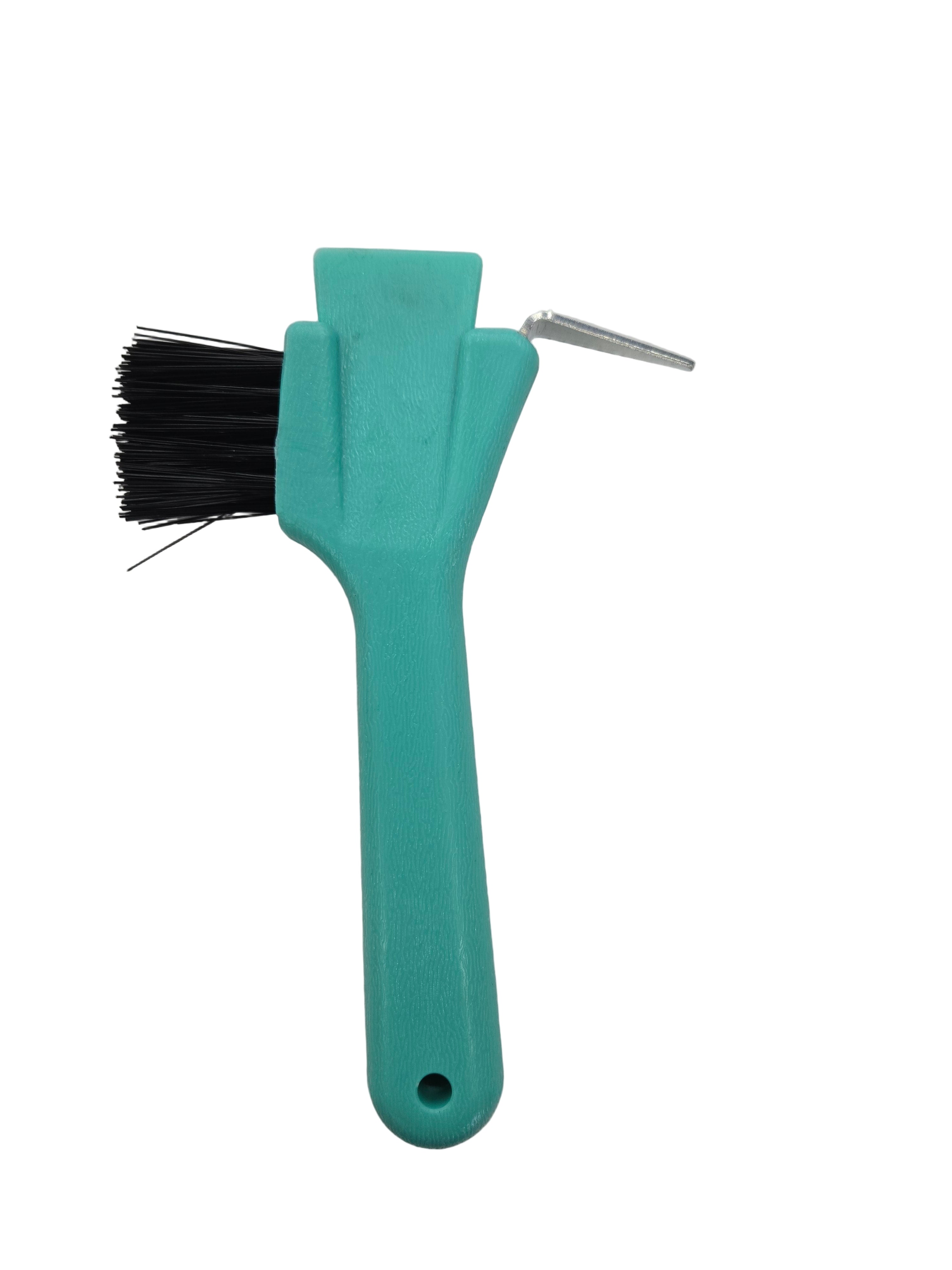 Green brush with black bristles and a silver hook on a white background